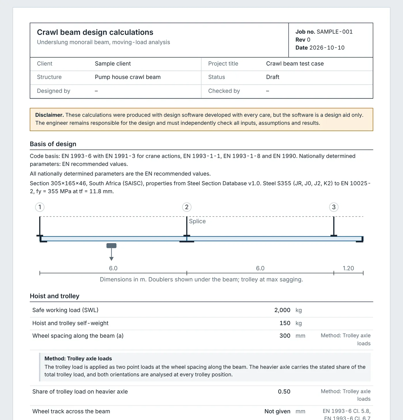 First page of the crawl beam calculation report